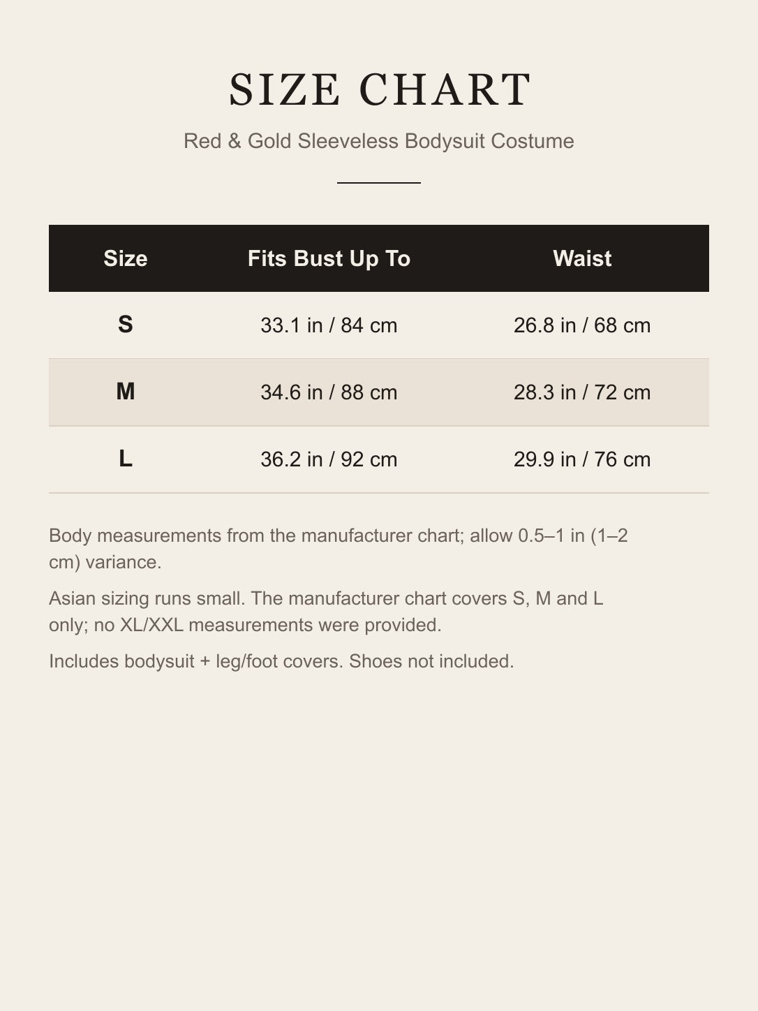 Size chart for the red and gold bodysuit costume: S, M, L bust and waist in inches and cm