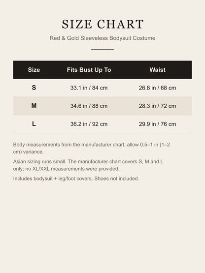 Size chart for the red and gold bodysuit costume: S, M, L bust and waist in inches and cm