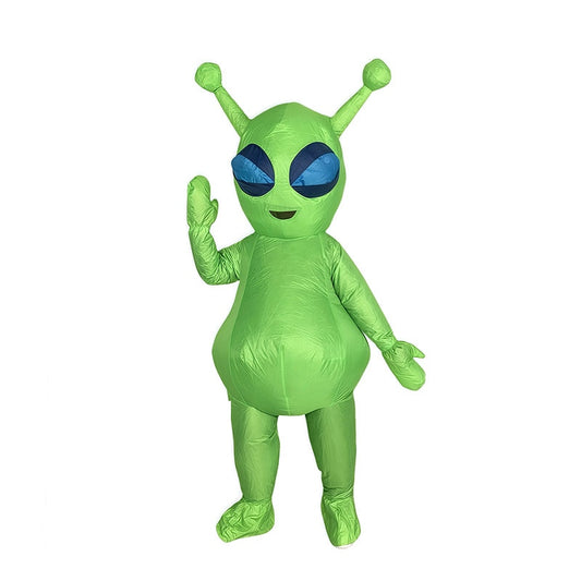 Adult inflatable green alien costume, front view on white: antennae, large blue oval eyes, smiling mouth, round belly, mitts and booties