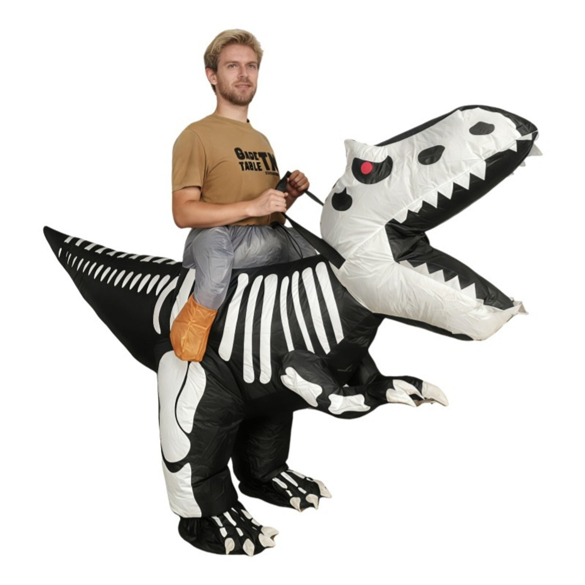 Man wearing the inflatable skeleton dinosaur ride-on costume on a white background, left side view