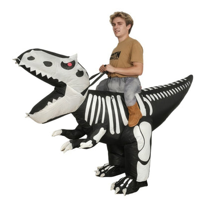 Inflatable skeleton dinosaur ride-on costume on a white background, right side view with reins and rider legs