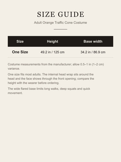 Size guide for the adult traffic cone costume: one size, 49.2 in (125 cm) tall, 34.2 in (86.9 cm) base width
