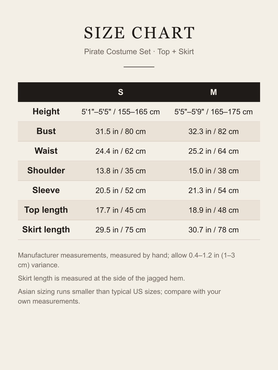 Size chart for the pirate costume set: height, bust, waist, shoulder, sleeve, top and skirt length for S and M in inches and centimeters