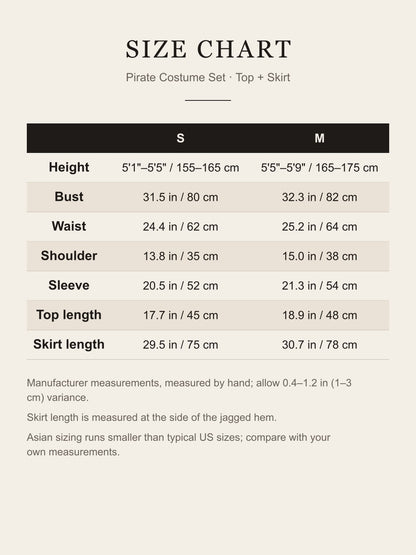Size chart for the pirate costume set: height, bust, waist, shoulder, sleeve, top and skirt length for S and M in inches and centimeters