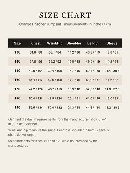 Size chart for the orange prisoner jumpsuit: chest, waist/hip, shoulder, length and sleeve for sizes 130–190 in inches and cm