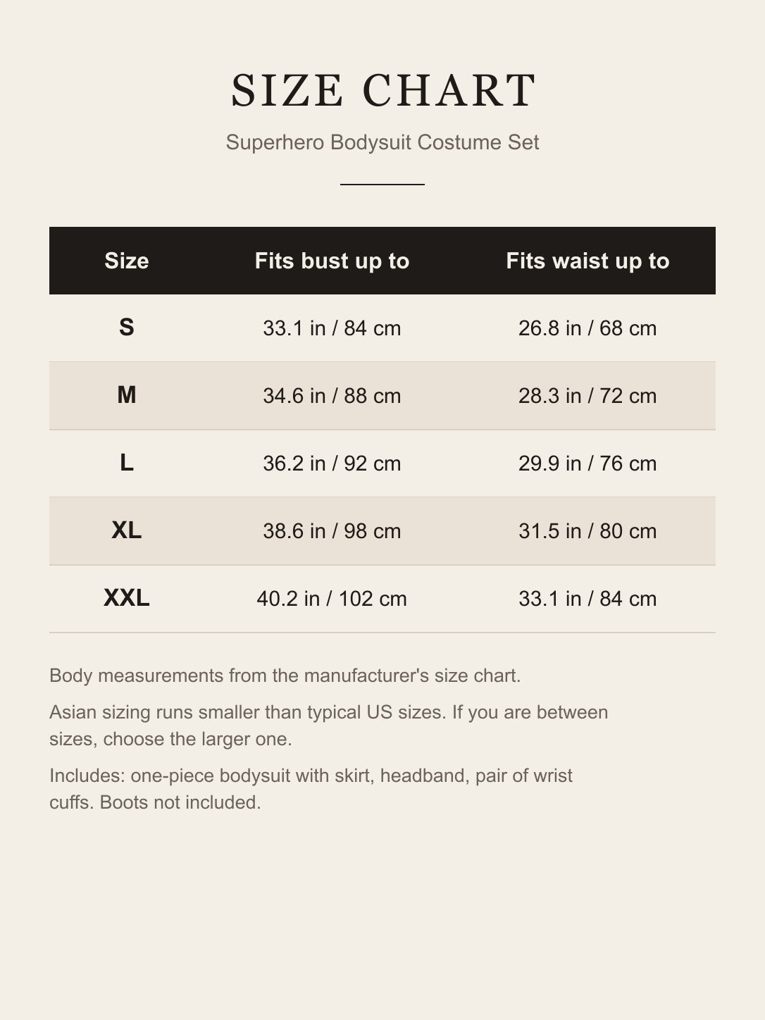 Size chart for the superhero bodysuit costume: fits bust and waist up to, S to XXL, in inches and centimeters