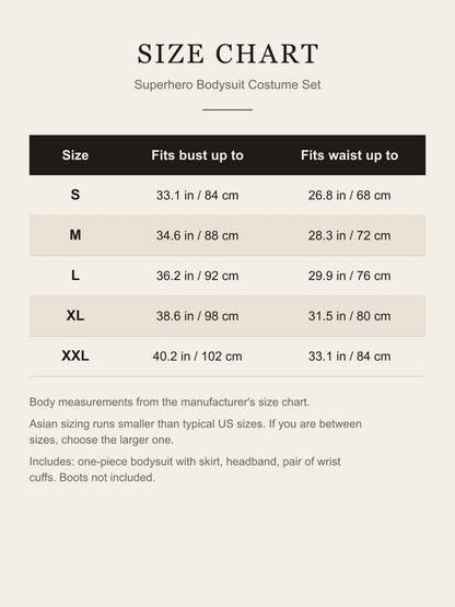 Size chart for the superhero bodysuit costume: fits bust and waist up to, S to XXL, in inches and centimeters