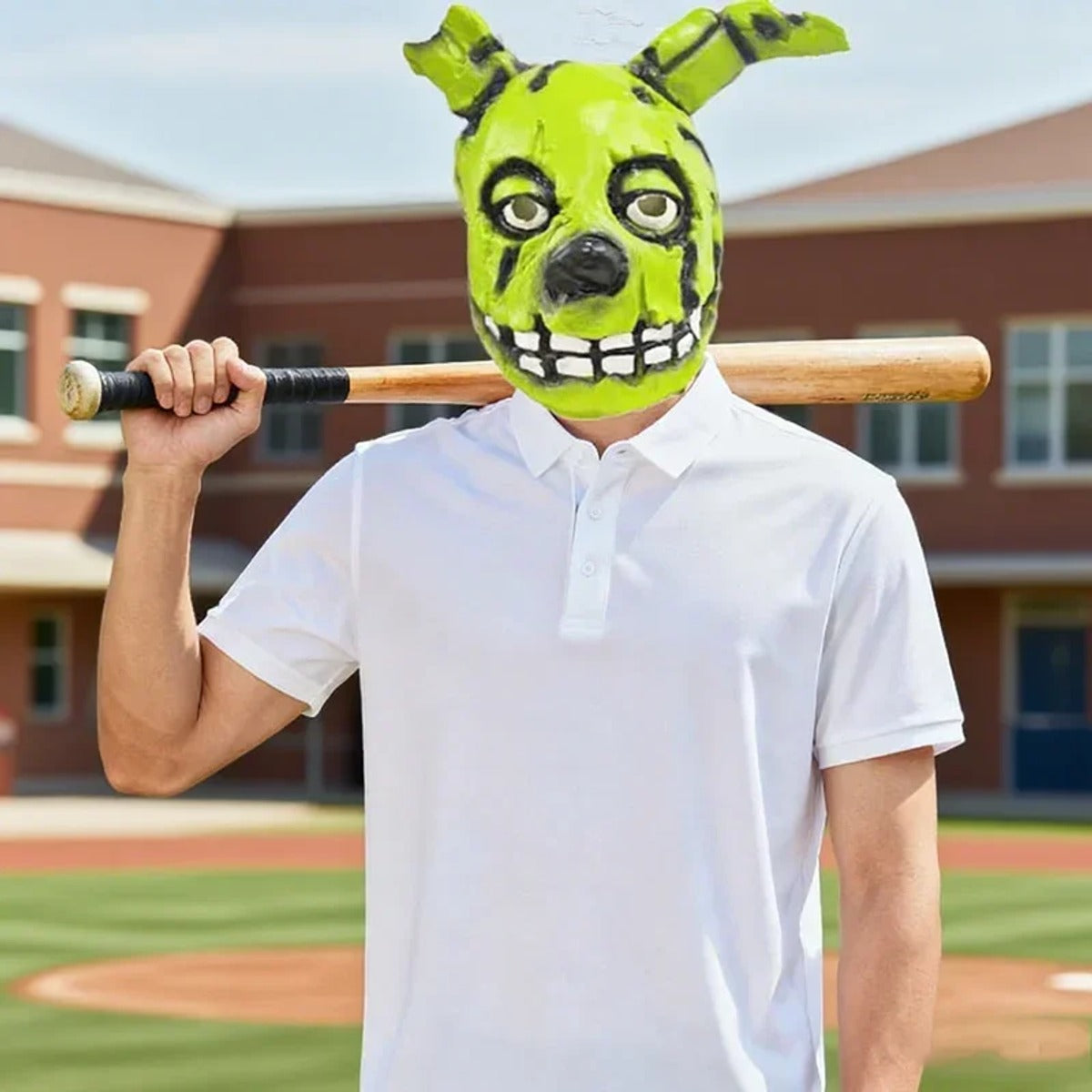 Green decayed rabbit latex mask worn over the head (baseball bat not included)