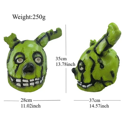 Green rabbit latex mask dimensions: 35 cm height, 28 cm width, 37 cm depth, 250 g