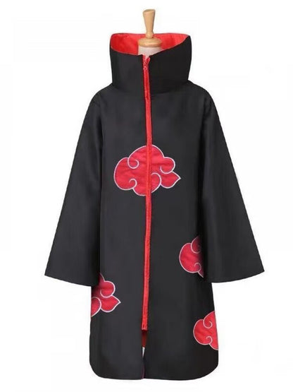 Black Akatsuki-style cloak on a mannequin: red-lined high collar, red front zipper and red cloud emblems