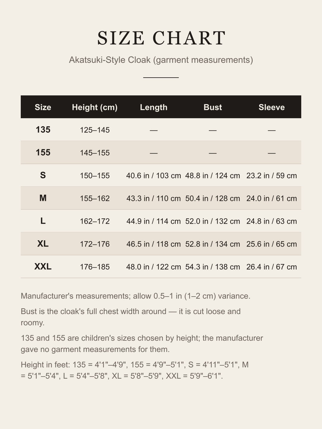 Size chart for the Akatsuki cloak: height, length, bust and sleeve for sizes 135, 155 and S to XXL in inches and centimeters