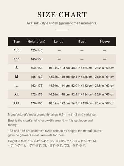 Size chart for the Akatsuki cloak: height, length, bust and sleeve for sizes 135, 155 and S to XXL in inches and centimeters