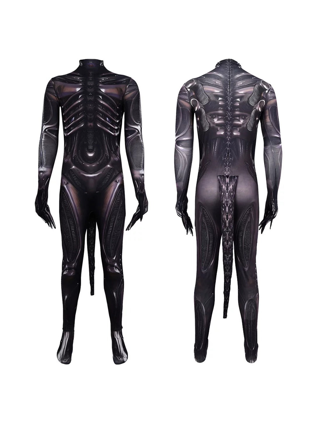 Actual alien bodysuit product photo, front and back, showing the skeleton print, attached tail, claw gloves and foot covers (mask not included)