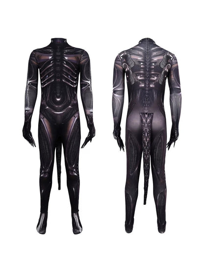 Actual alien bodysuit product photo, front and back, showing the skeleton print, attached tail, claw gloves and foot covers (mask not included)