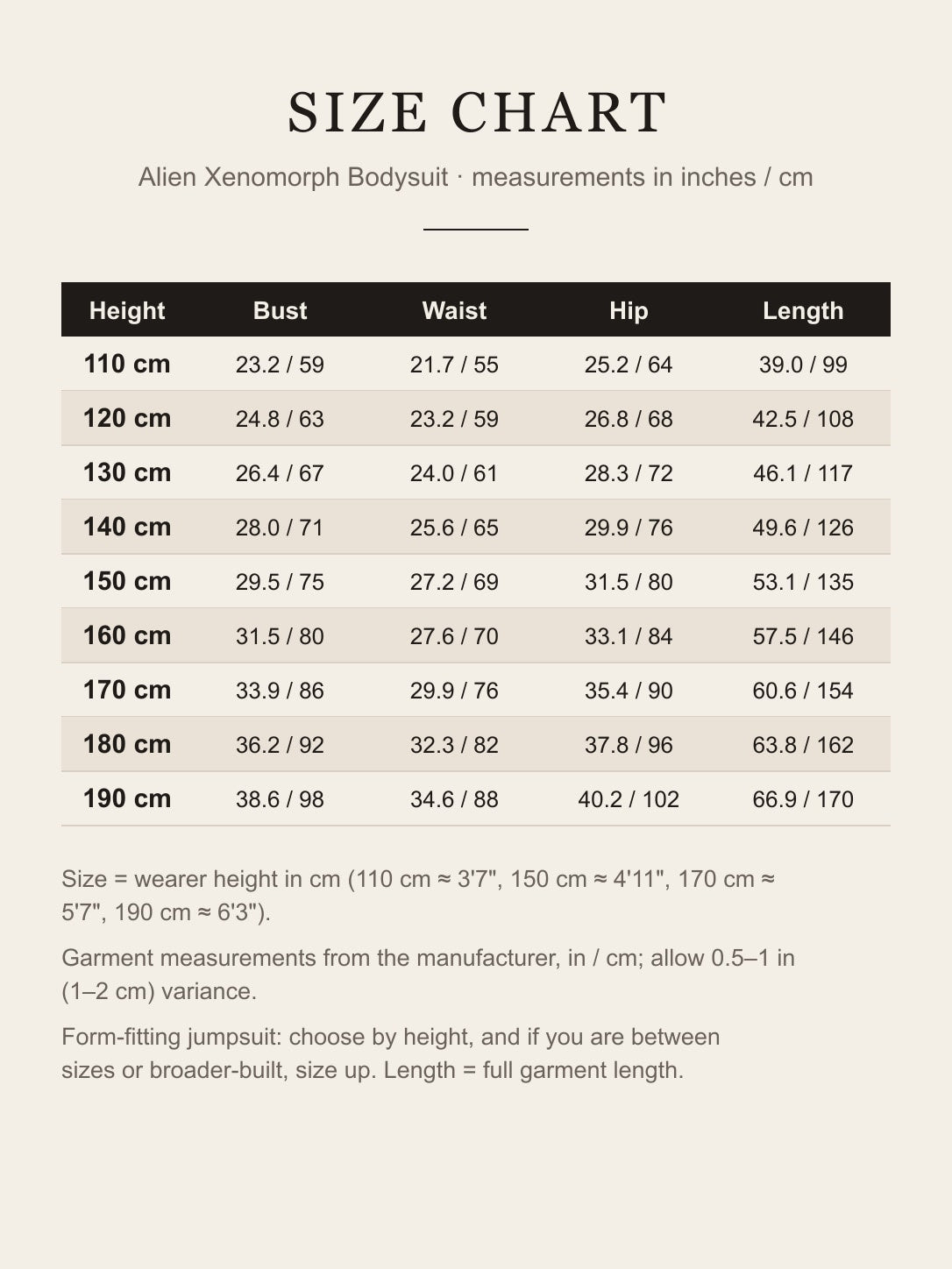 Size chart for the alien bodysuit: height 110–190 cm with bust, waist, hip and length in inches and centimeters