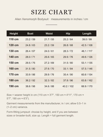 Size chart for the alien bodysuit: height 110–190 cm with bust, waist, hip and length in inches and centimeters