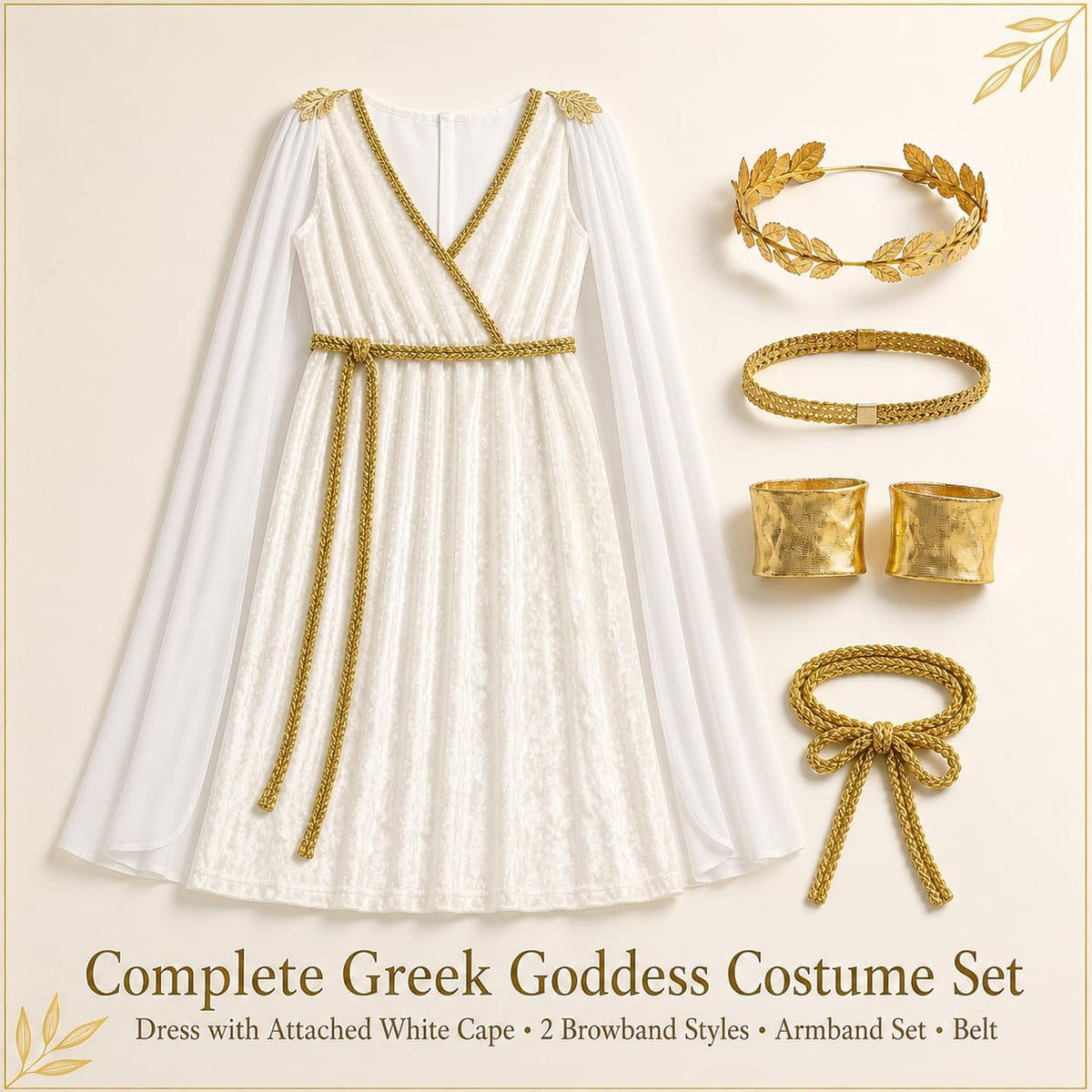 What's included: girls' white Greek goddess dress with attached cape, gold laurel headband, gold elastic headband, two arm cuffs and gold cord belt