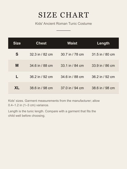 Size chart for the kids' ancient Roman tunic costume: chest, waist and length for S, M, L and XL in inches and centimeters