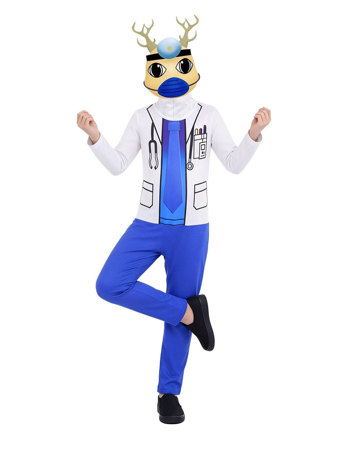 Deer Doctor Animal Costume for Kids & Adults – kid wearing the onesie with the deer head mask covering the face