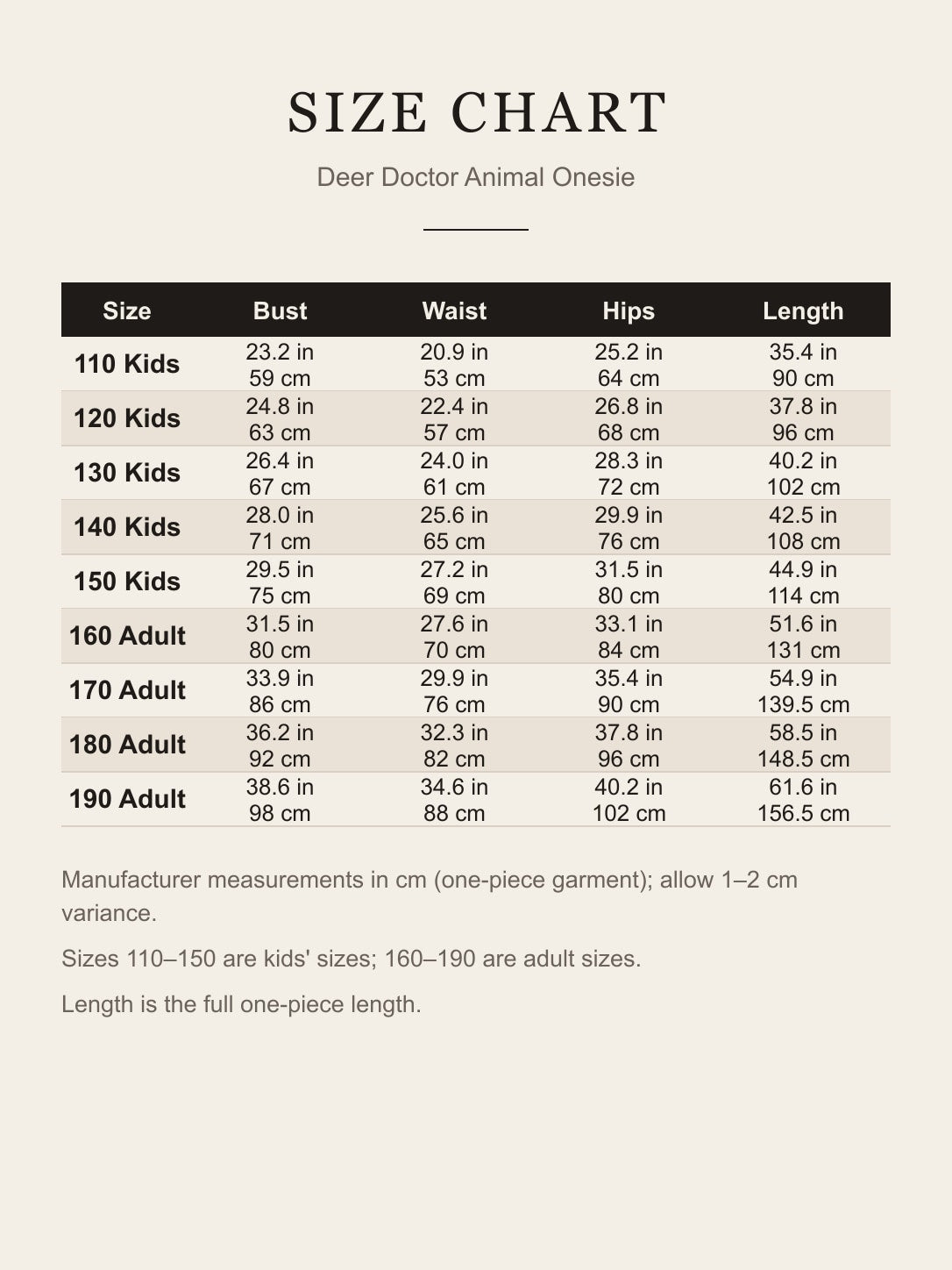 Deer Doctor Animal Costume for Kids & Adults – size chart 110 to 190 in inches and cm