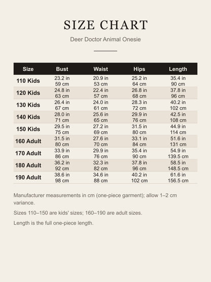 Deer Doctor Animal Costume for Kids & Adults – size chart 110 to 190 in inches and cm