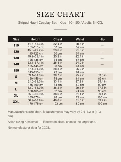 Size chart for the striped haori cosplay set, kids 110–150 and adults S–XXL, in inches and cm