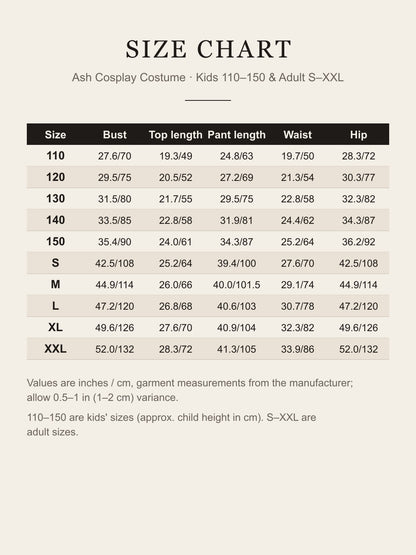 Ash cosplay costume size chart, kids 110–150 and adult S–XXL, inches and cm