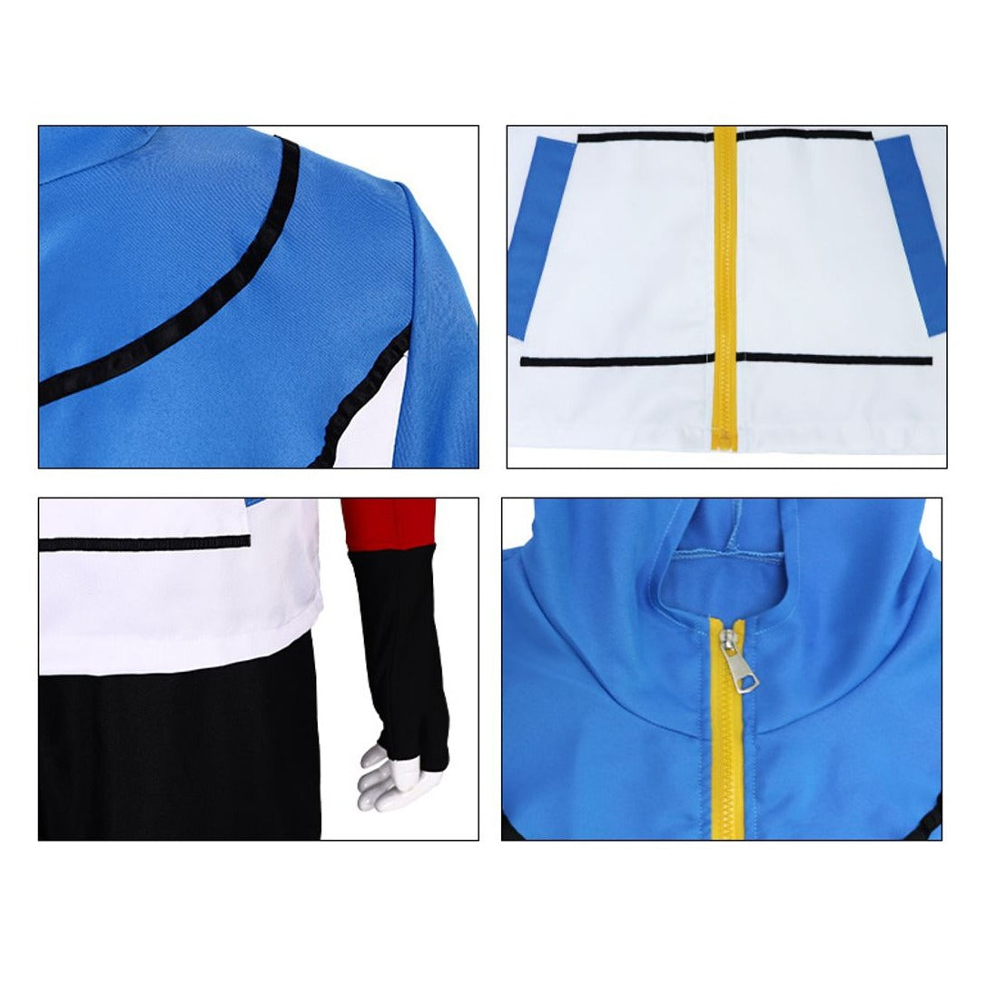 Ash cosplay costume details: chest trim, zipper pocket, fingerless glove with red band, hood and yellow zipper