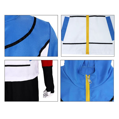 Ash cosplay costume details: chest trim, zipper pocket, fingerless glove with red band, hood and yellow zipper