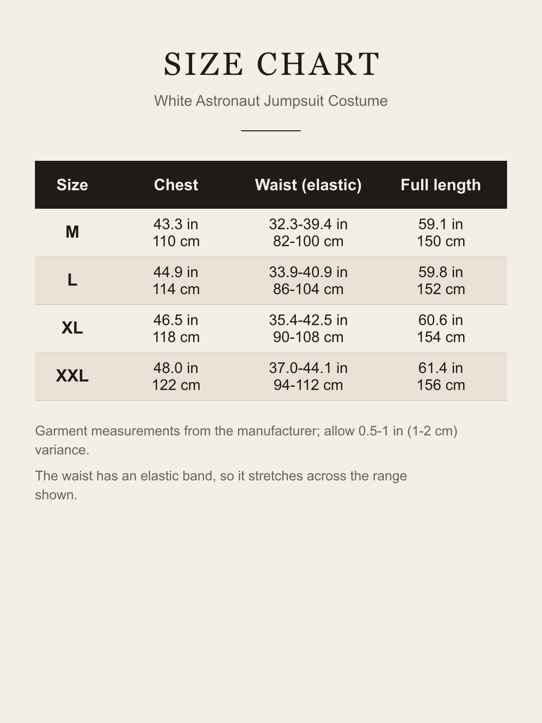 Size chart for the white astronaut jumpsuit: chest, elastic waist and full length for M, L, XL and XXL in inches and centimeters