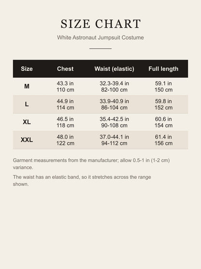 Size chart for the white astronaut jumpsuit: chest, elastic waist and full length for M, L, XL and XXL in inches and centimeters