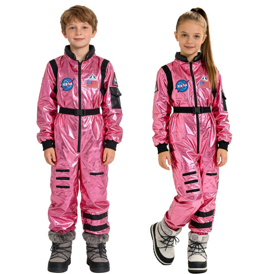 Boy and girl wearing the kids' pink metallic astronaut jumpsuit with black belt and space patches, front view