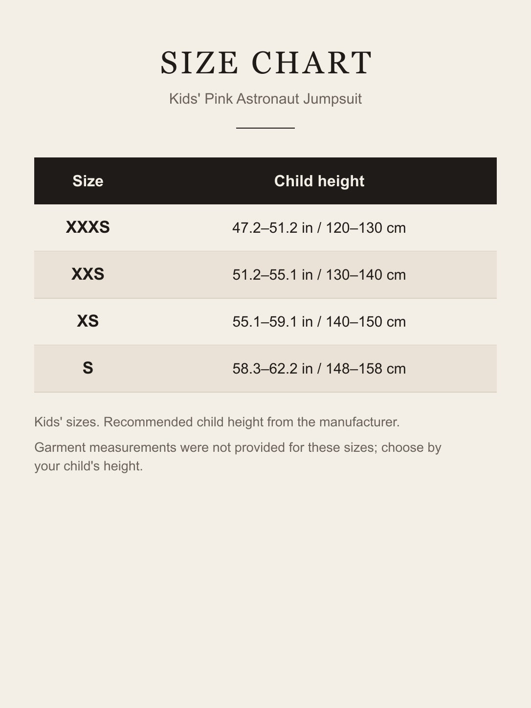 Size chart for the kids' pink astronaut jumpsuit by child height, XXXS to S