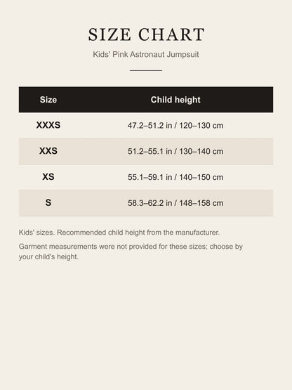 Size chart for the kids' pink astronaut jumpsuit by child height, XXXS to S