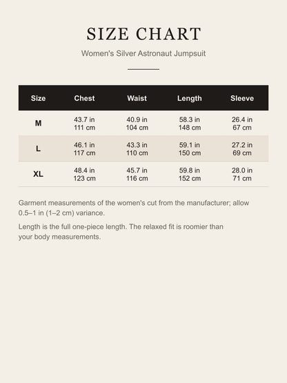 Size chart for the women's silver astronaut jumpsuit: chest, waist, length and sleeve for M, L and XL in inches and centimeters