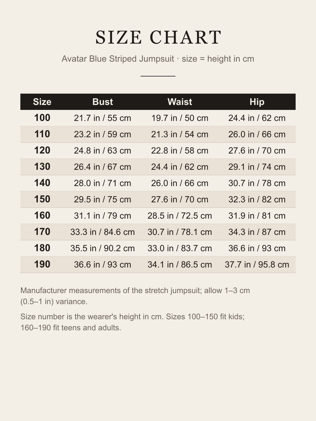 Avatar blue striped jumpsuit size chart, sizes 100-190 by height with bust, waist and hip in inches and cm