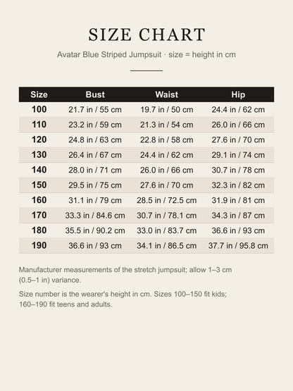 Avatar blue striped jumpsuit size chart, sizes 100-190 by height with bust, waist and hip in inches and cm