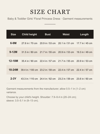 Size chart for the baby and toddler girls' floral princess dress, 6-9M to 2-3Y, bust, waist and length in inches and cm