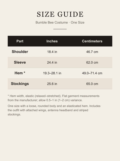 Size guide for the one-size bumble bee costume: shoulder, sleeve, hem and stocking length in inches and centimeters