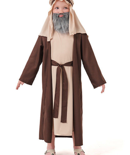 Kids' biblical elder shepherd costume front view with headscarf and gray beard