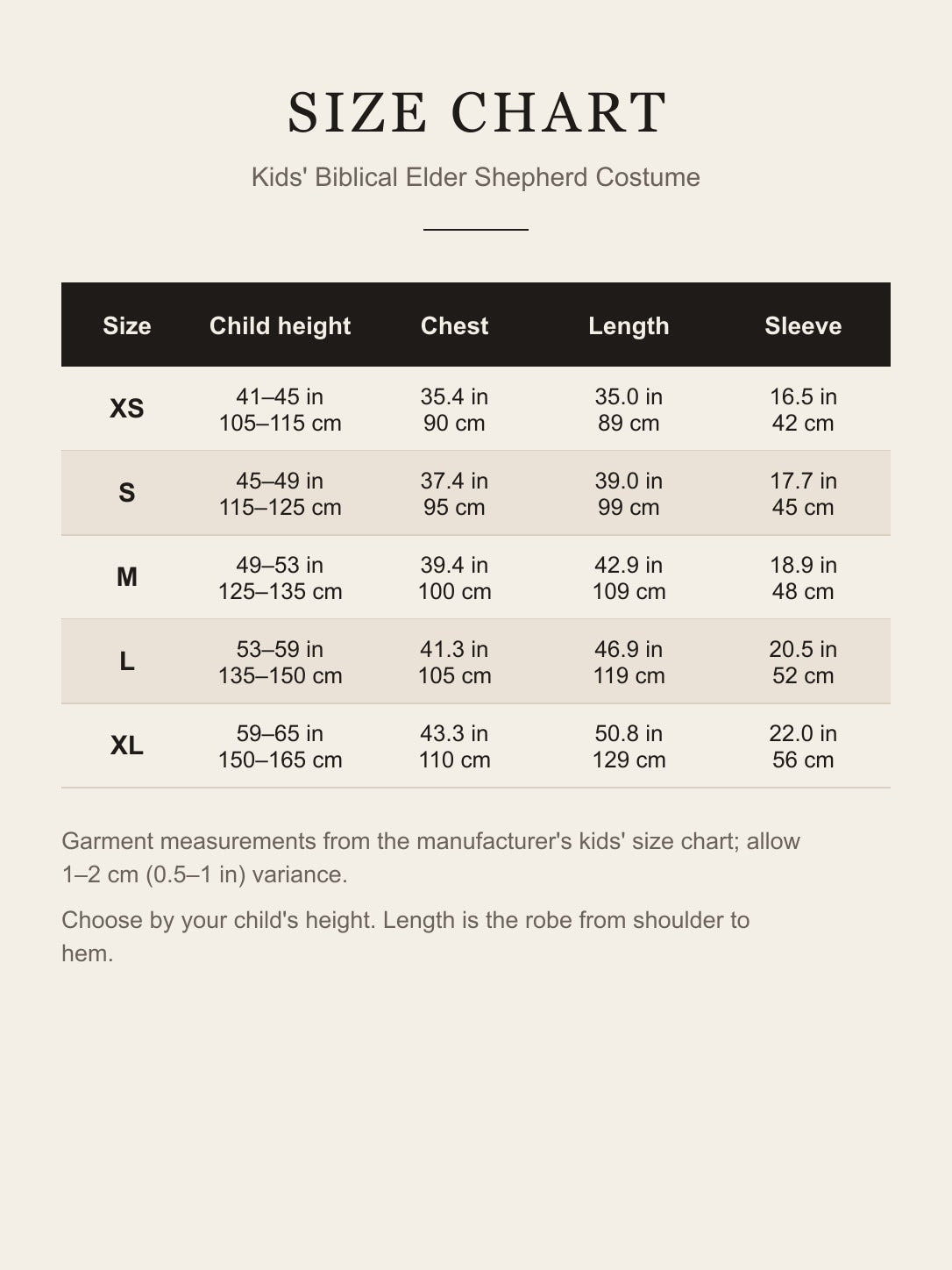 Kids' biblical elder costume size chart with child height, chest, length and sleeve in inches and cm