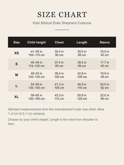 Kids' biblical elder costume size chart with child height, chest, length and sleeve in inches and cm