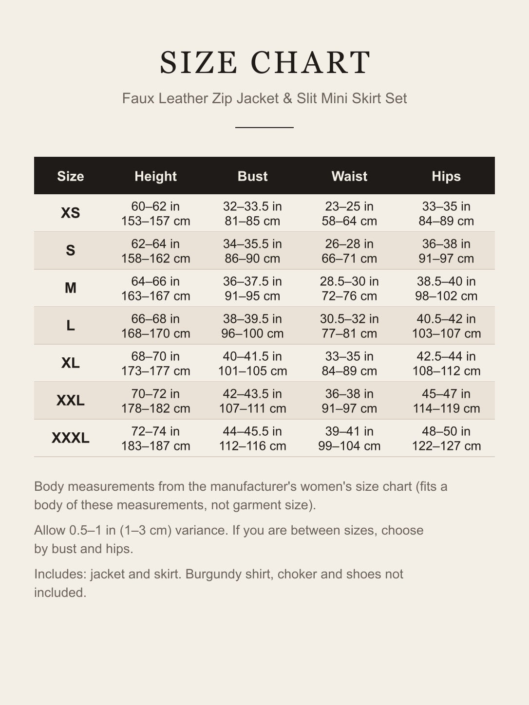 Size chart for the women's black faux leather jacket and mini skirt set: height, bust, waist and hips for XS to XXXL in inches and centimeters