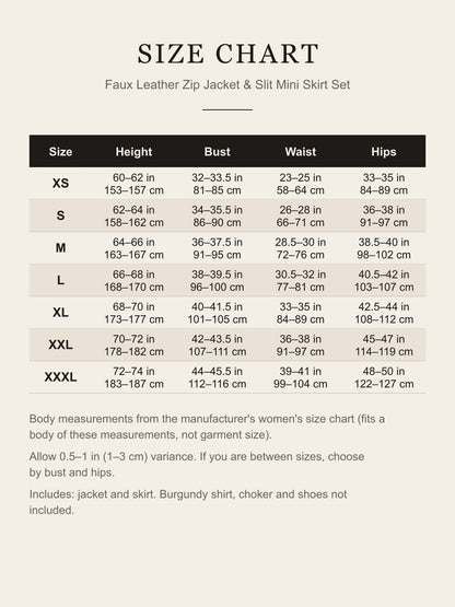 Size chart for the women's black faux leather jacket and mini skirt set: height, bust, waist and hips for XS to XXXL in inches and centimeters