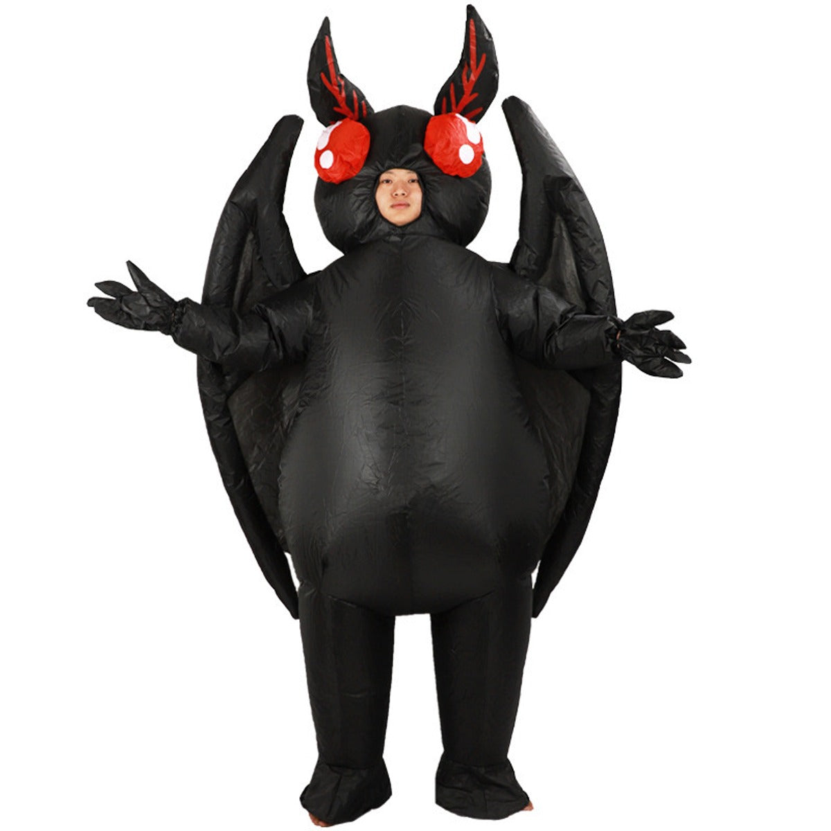 Factory photo of the inflatable black bat costume worn by a model on a white background