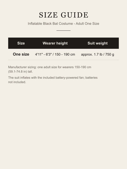 Size guide for the inflatable black bat costume: one adult size for wearers 4'11" to 6'3" (150-190 cm)
