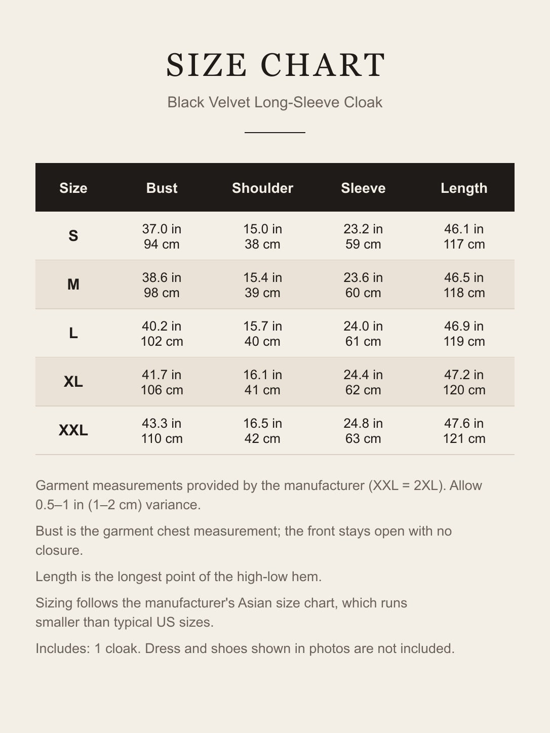 Size chart for the black velvet long-sleeve cloak: bust, shoulder, sleeve and length for S to XXL in inches and centimeters