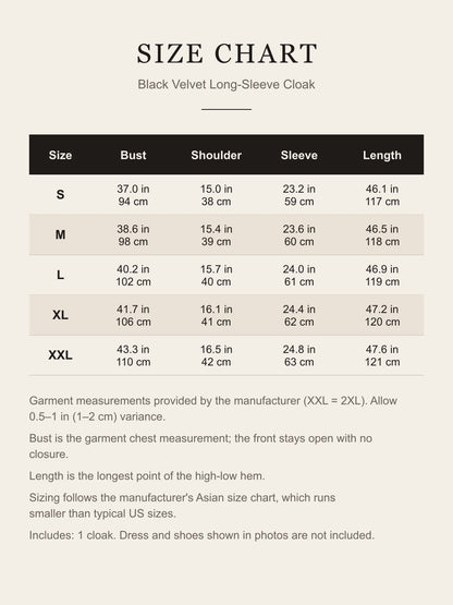 Size chart for the black velvet long-sleeve cloak: bust, shoulder, sleeve and length for S to XXL in inches and centimeters