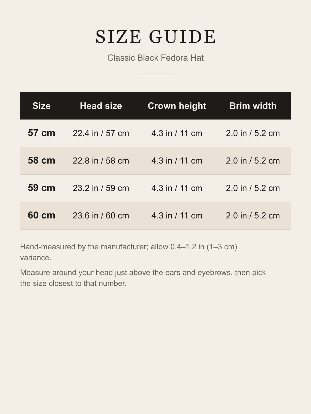 Size guide for the black fedora hat: head size 57–60 cm (22.4–23.6 in), crown height 11 cm, brim 5.2 cm