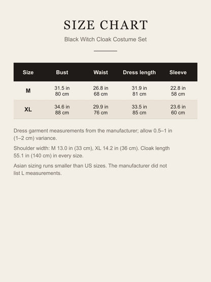 Size chart for the black witch cloak costume set: bust, waist, dress length and sleeve for M and XL in inches and centimeters